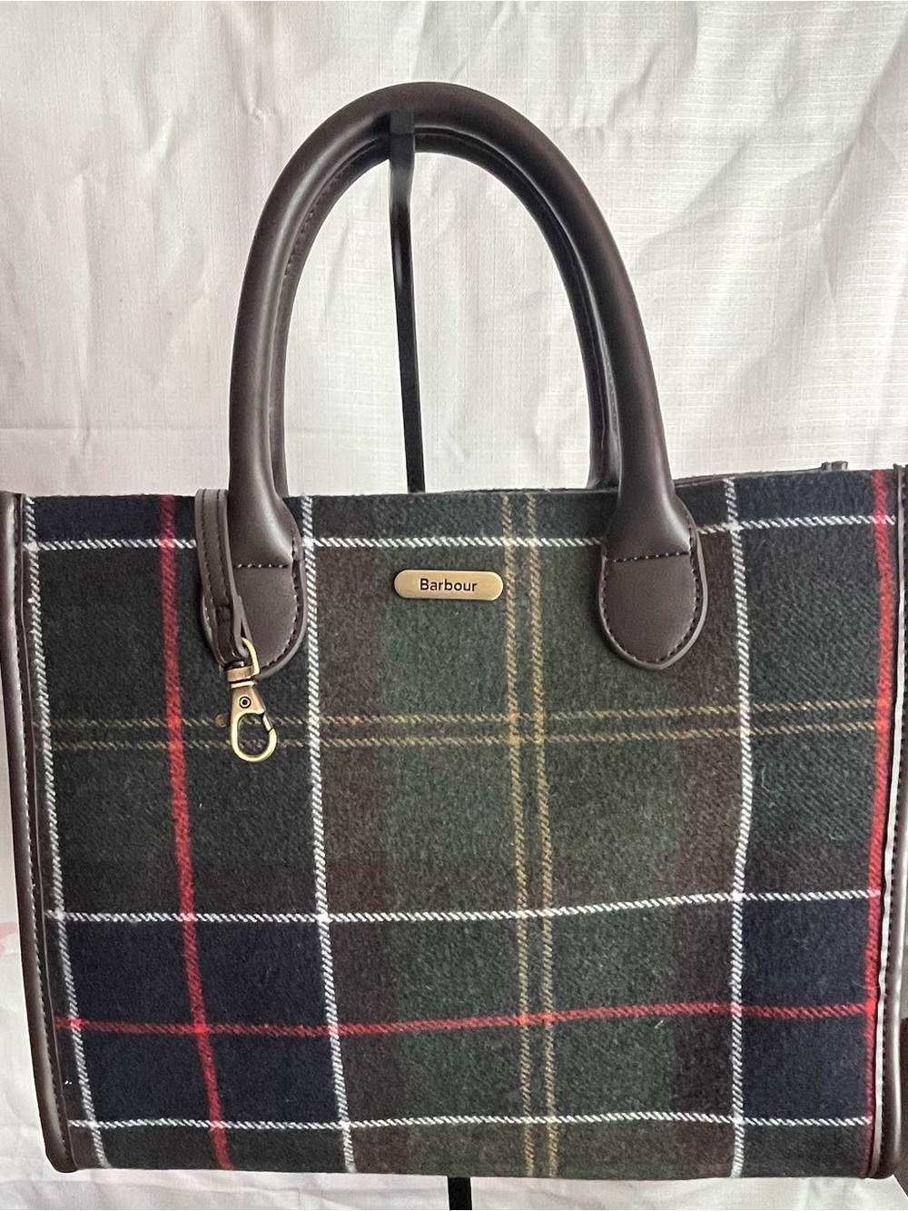 Barbour Black Tartan Plaid Tote with Brown Leather Handles